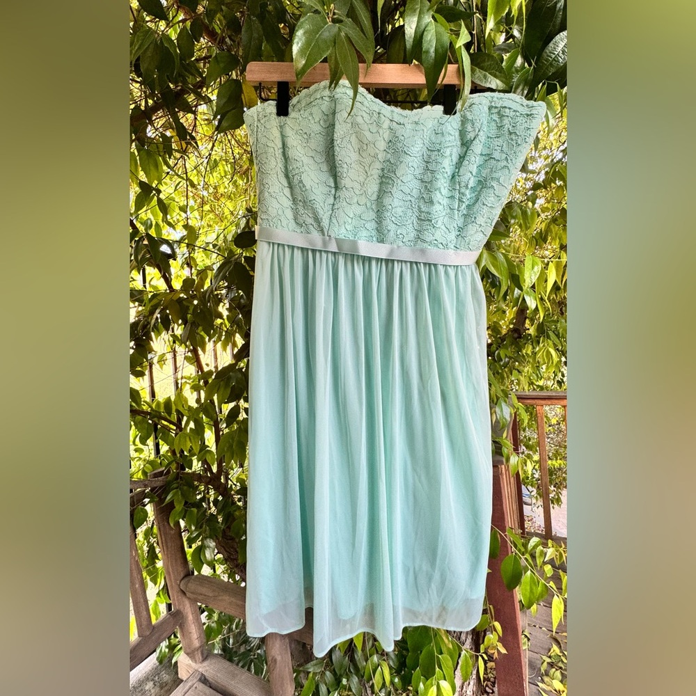 Mint Lace Dream Strapless Dress by David’s Bridal – Elegant & Effortless